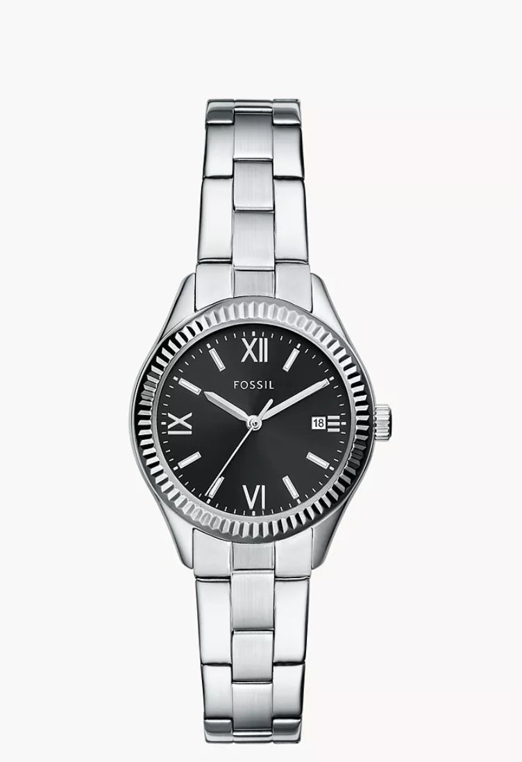 Fossil silberne Damenuhr Rye 3-Zeiger-Werk Datum schwarzes Zifferblatt