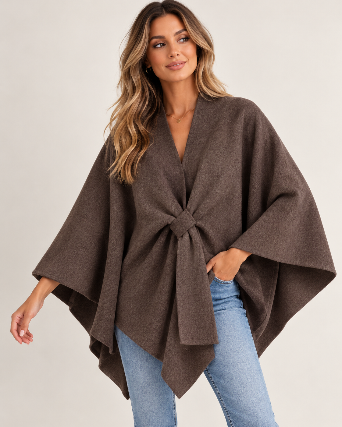 Schicker Poncho-Cape mit Wolloptik- dunkelbraun