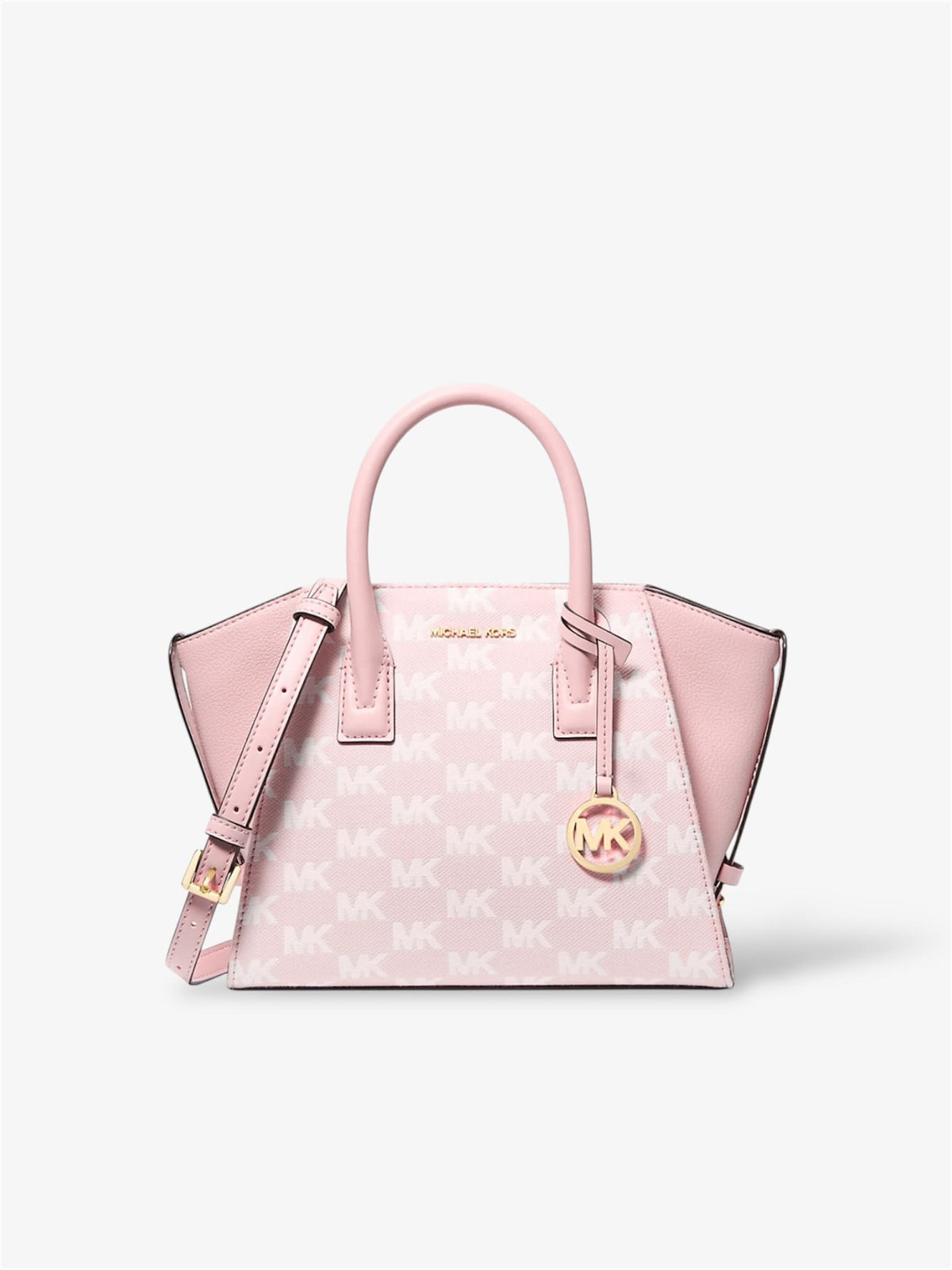 michael-kors-avril-small-satchel-in-powder-blush-frontansicht-mit-logo-jacquard-und-goldfarbener-hardware