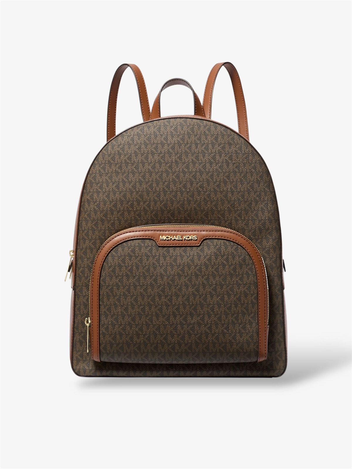 Michael Kors Jaycee Large Rucksack in Braun - Vorderansicht mit Logo-Canvas und goldfarbenen Details