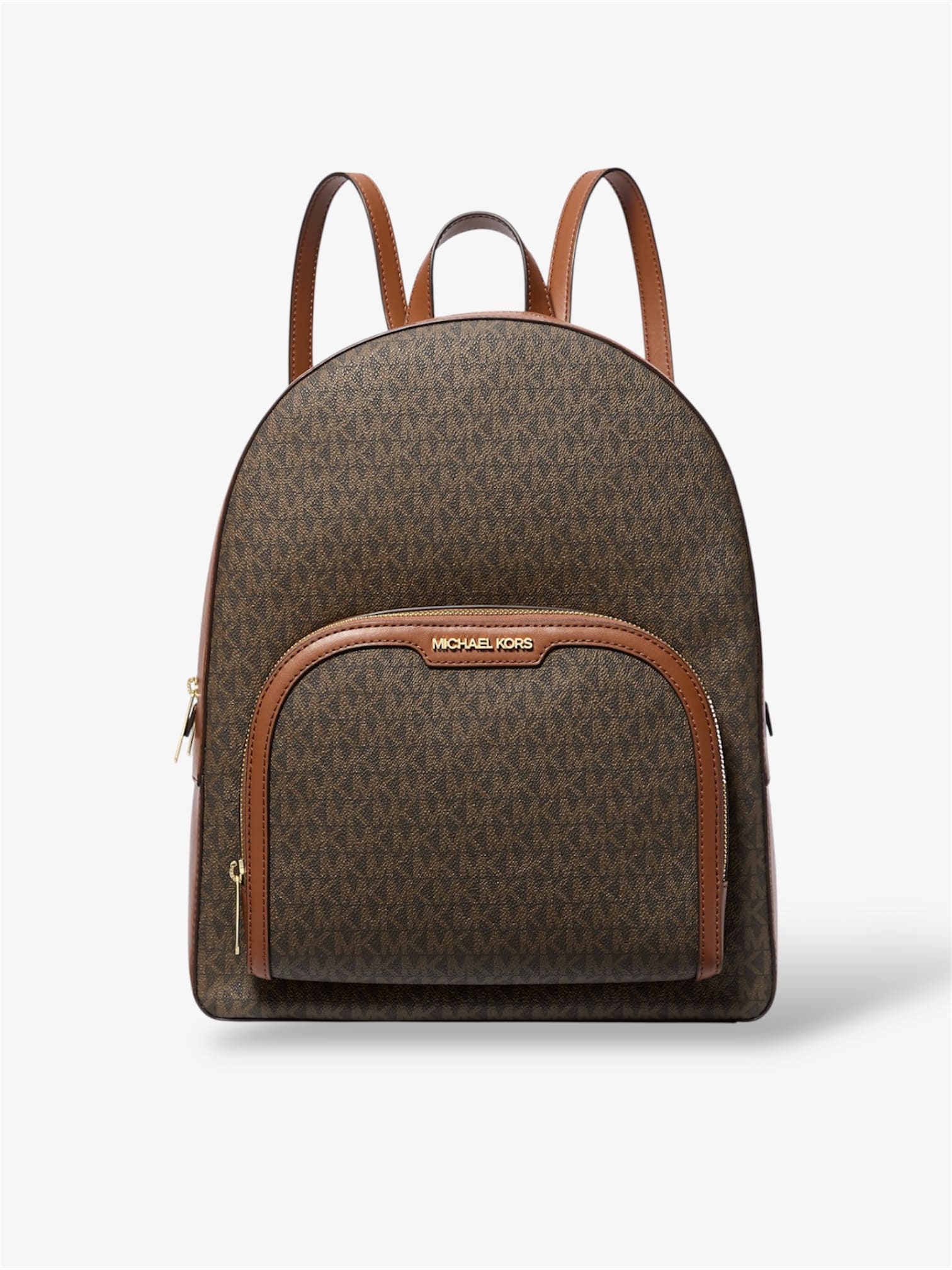 Michael Kors Jaycee Large Rucksack in Braun - Vorderansicht mit Logo-Canvas und goldfarbenen Details