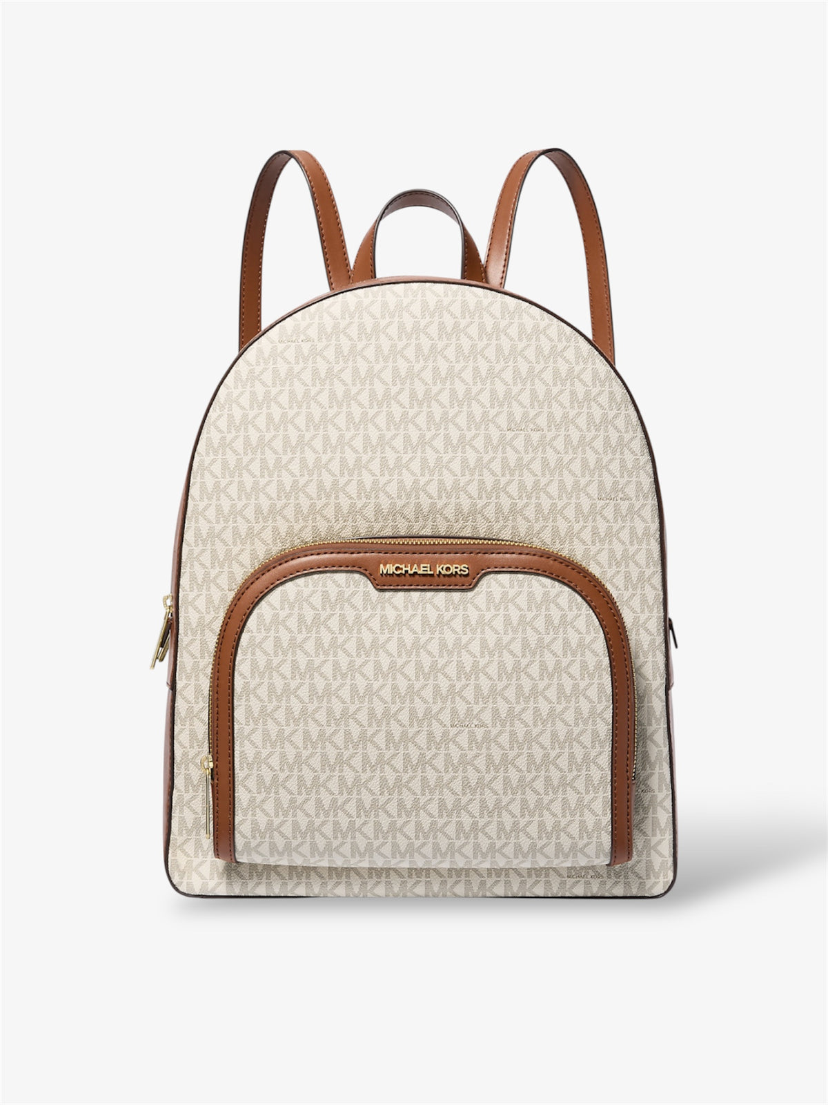 Großer Jaycee Rucksack von Michael Kors in Vanilla - Vorderansicht mit goldfarbenem Reißverschluss und Logo-Canvas