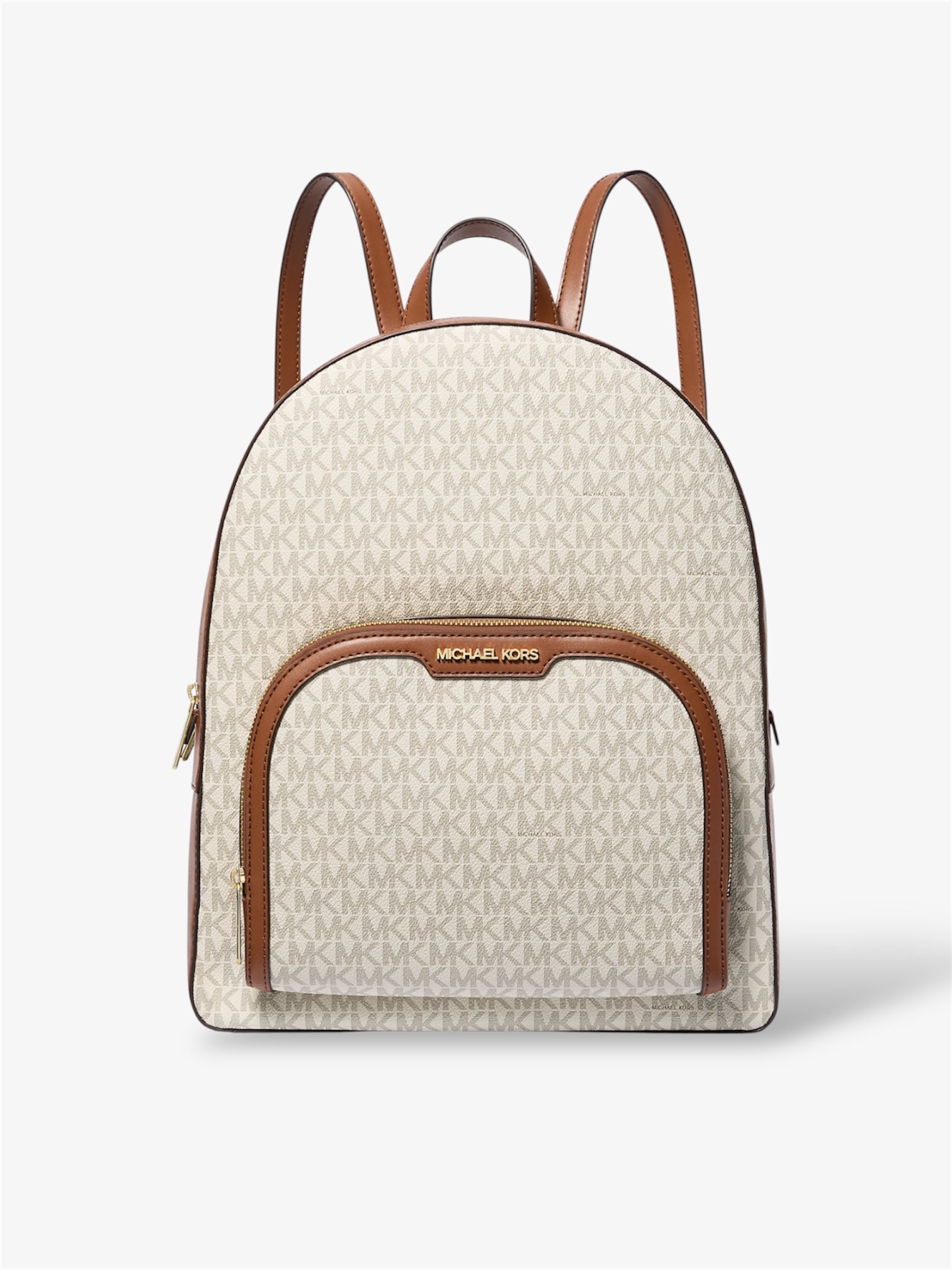 Großer Jaycee Rucksack von Michael Kors in Vanilla - Vorderansicht mit goldfarbenem Reißverschluss und Logo-Canvas