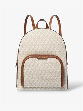 Großer Jaycee Rucksack von Michael Kors in Vanilla - Vorderansicht mit goldfarbenem Reißverschluss und Logo-Canvas