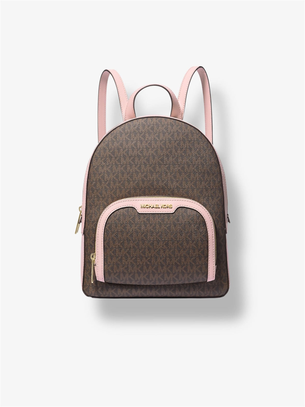 Michael Kors Jaycee Rucksack in Powder Blush und Braun – Vorderansicht mit Logo-Canvas und Reißverschlusstasche