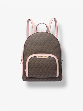 Michael Kors Jaycee Rucksack in Powder Blush und Braun – Vorderansicht mit Logo-Canvas und Reißverschlusstasche