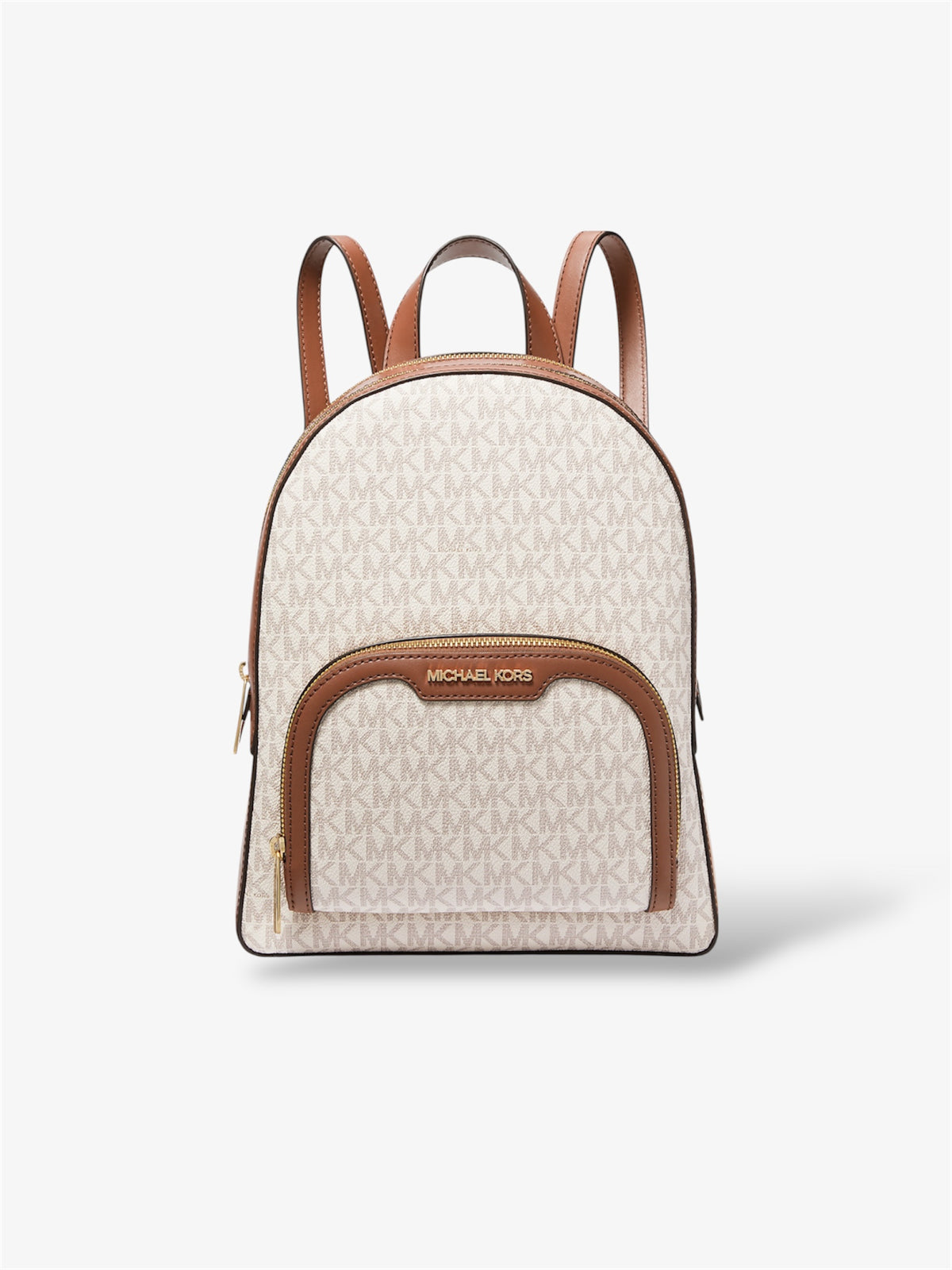 Michael Kors Jaycee Rucksack in Vanilla – Vorderansicht mit Logo-Canvas und goldfarbenem Reißverschluss