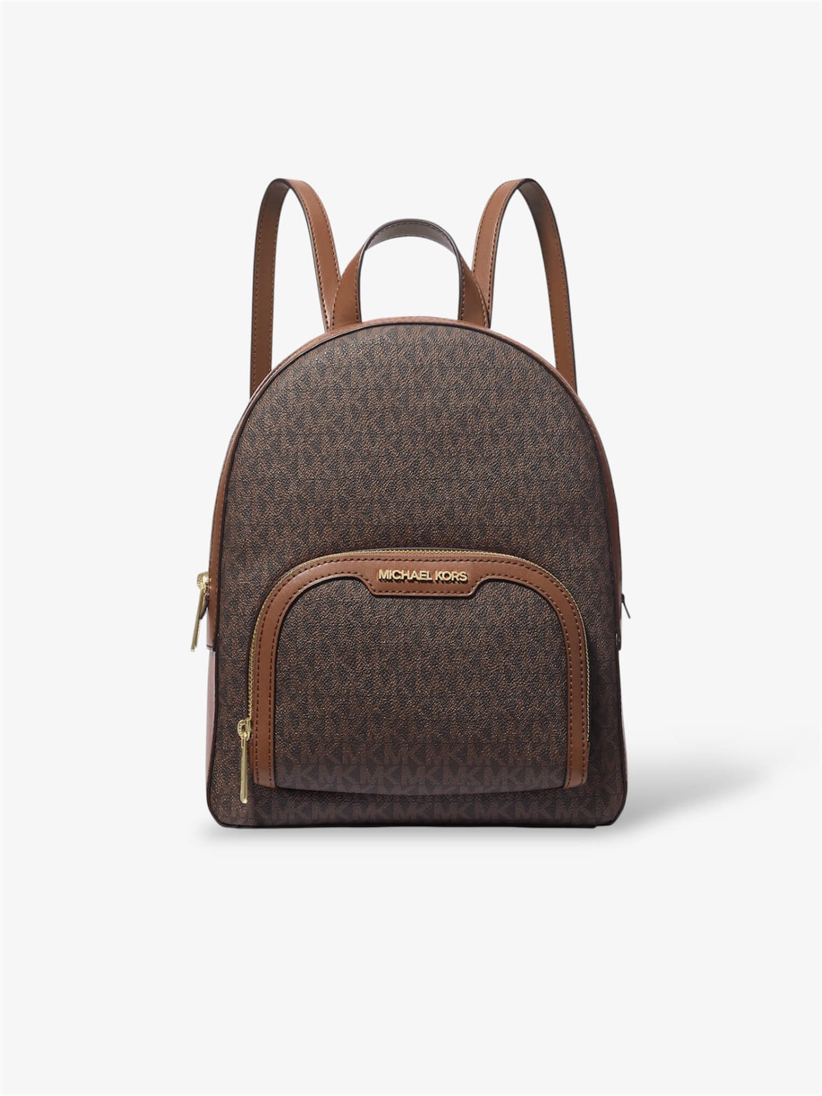 Vorderansicht des Michael Kors Jaycee Rucksacks in Braun mit Signature-Logo und goldfarbenen Details