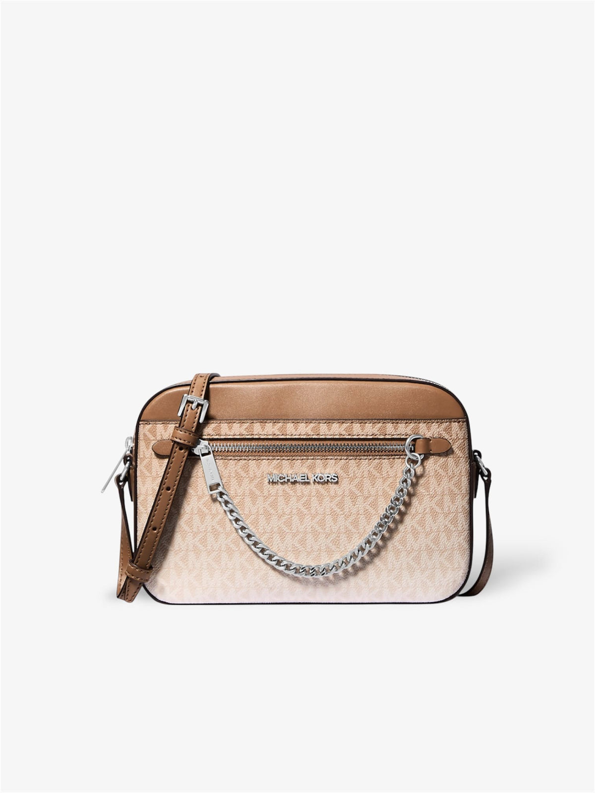 Michael Kors Jet Set Crossbody Tasche in Husk mit Ombré-Logo und silberner Kette - Vorderansicht