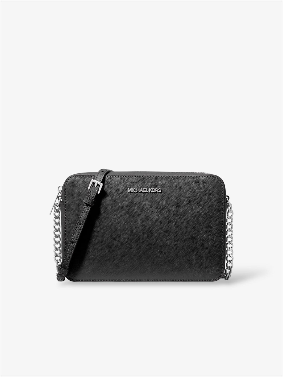 Michael Kors Jet Set Crossbody Tasche in Schwarz - Vorderansicht mit silberfarbenem Reißverschluss und Saffianoleder