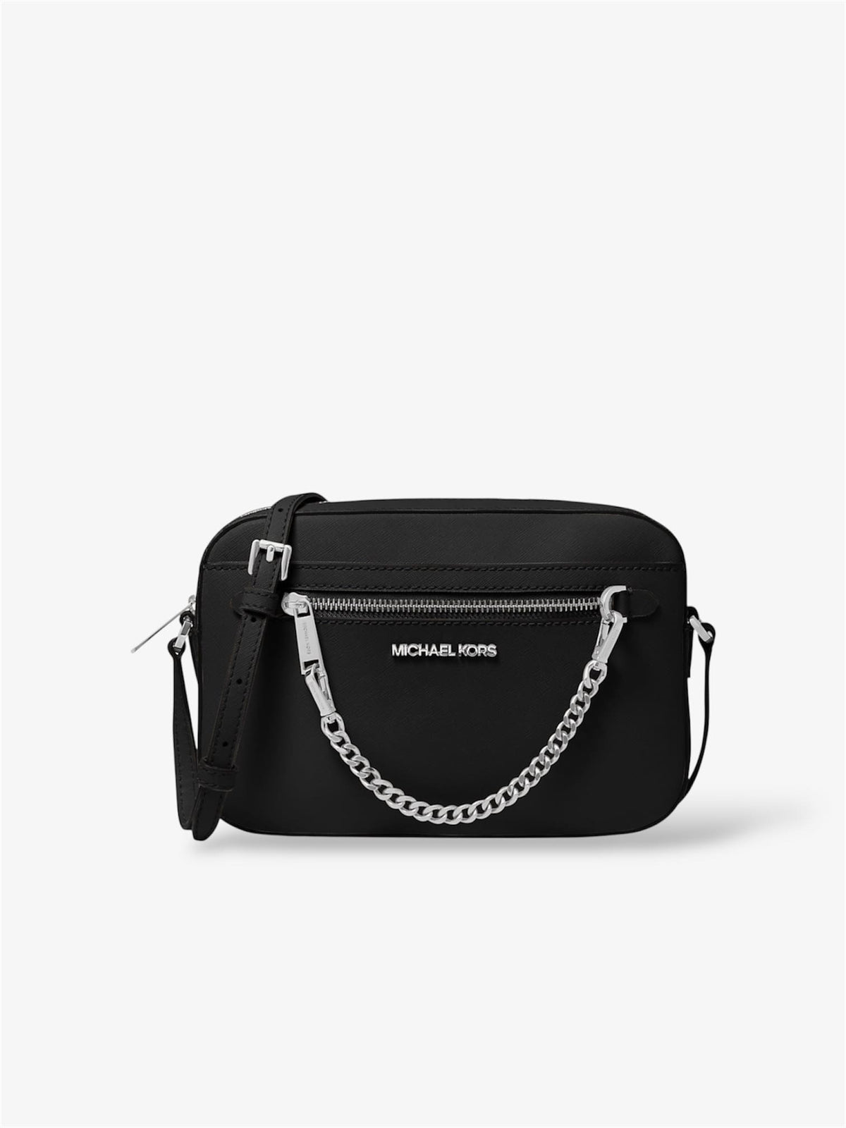 Michael Kors Jet Set Umhängetasche in Schwarz - Frontansicht mit silberfarbenem Zipper und Saffianoleder