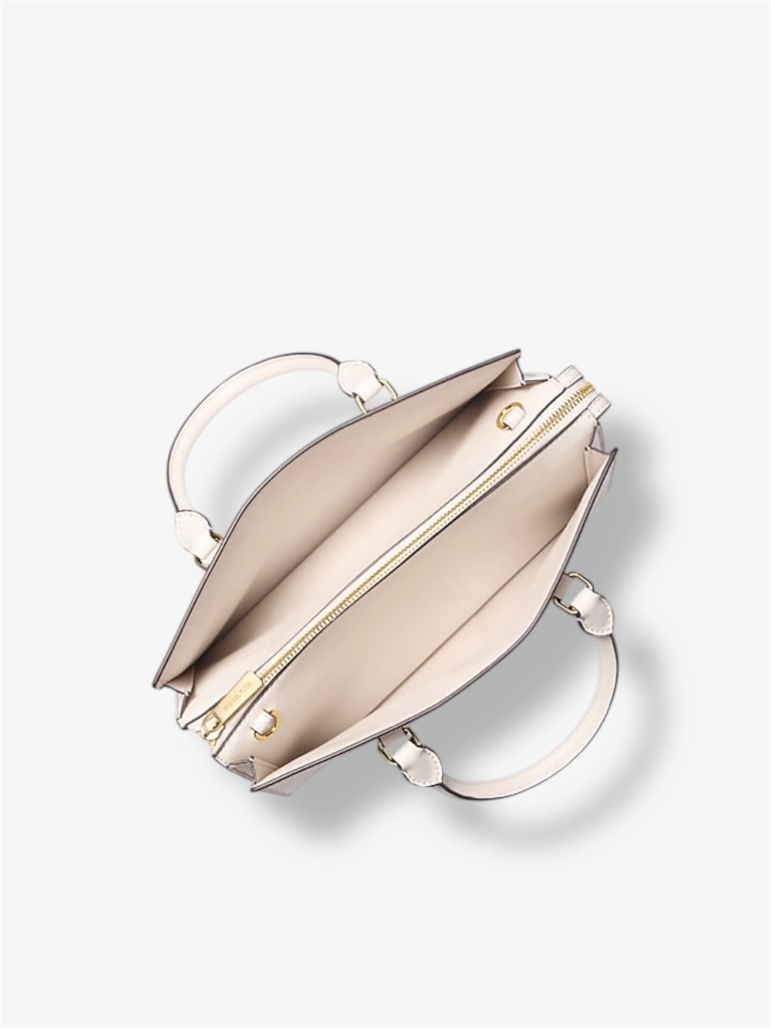 draufsicht-der-michael-kors-sheila-satchel-tasche-in-light-cream-mit-reissverschluss-und-zwei-henkeln
