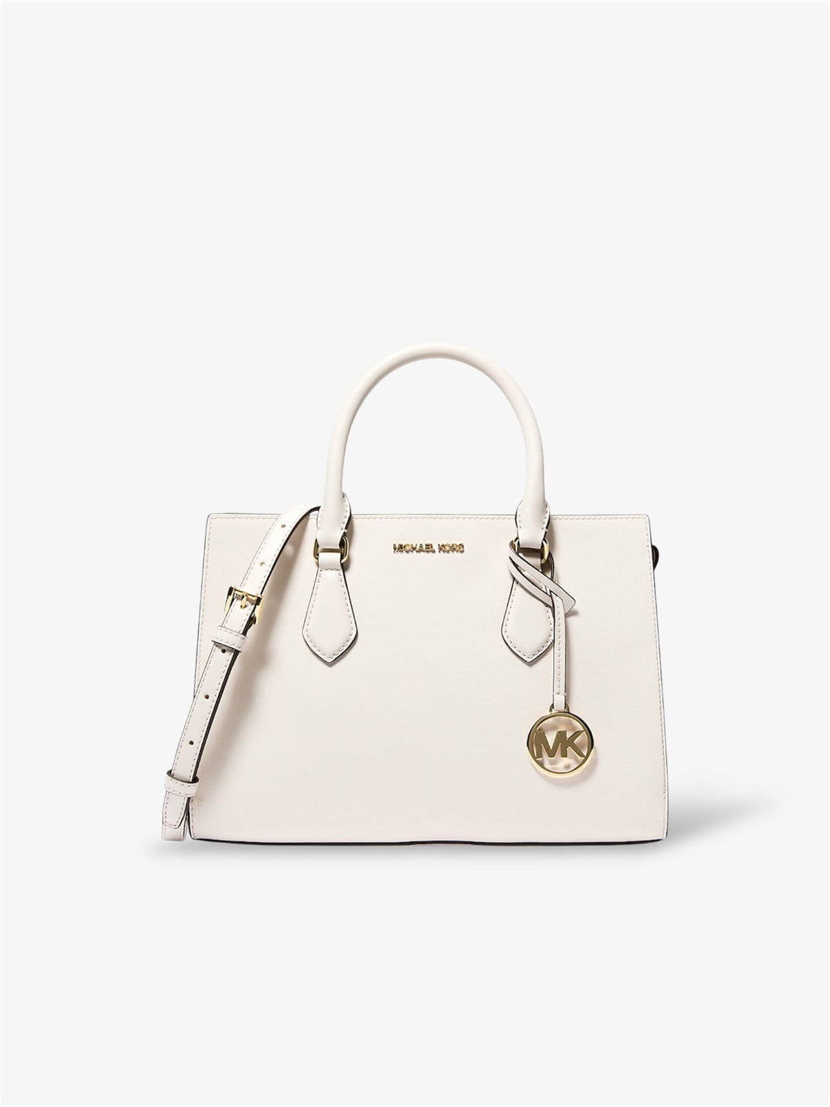 michael-kors-sheila-satchel-tasche-in-light-cream-mit-goldfarbenem-logo-anhaenger-und-schulterriemen-frontansicht