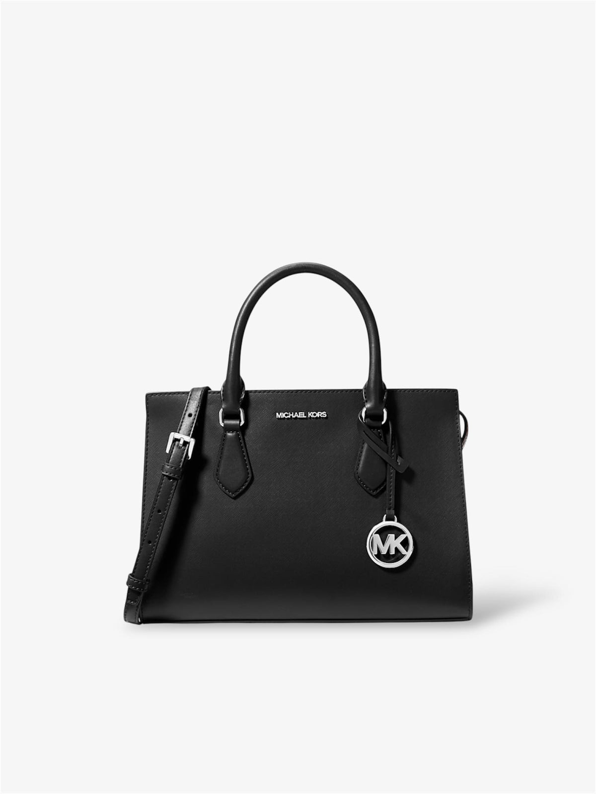 michael-kors-sheila-satchel-damen-in-schwarz-silber-frontansicht-mit-silberfarbener-hardware-und-trageriemen