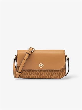 Michael Kors Umhängetasche in Farbe Deer - Frontansicht mit Logo-Canvas und glattem Leder in Braun